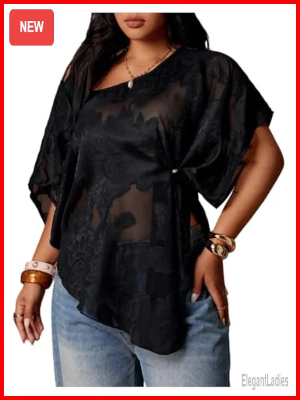 Plus Size Mesh Off Shoulder Asymmetrical Chiffon Blouse
